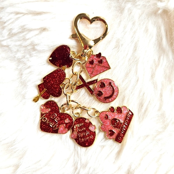 Pink Red Heart Love Keychain - Gold Pink And Red Bag Charm Purse Charm - Picture 2 of 3
